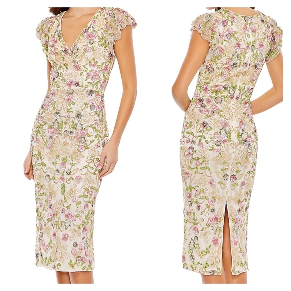 Mac Duggal 5722 Beige Floral Embellished Cap Sleeve Midi Dress Size 6 NWT
